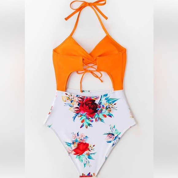 Cupshe Orange Floral Lace Up Halter One Piece tummy control size S - Picture 4 of 7
